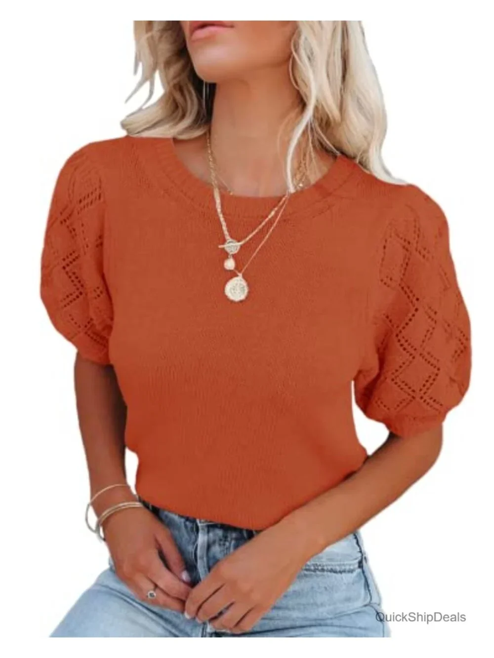 Ultra Soft Knit Crochet Crewneck Short Sleeve Pullover Blouse